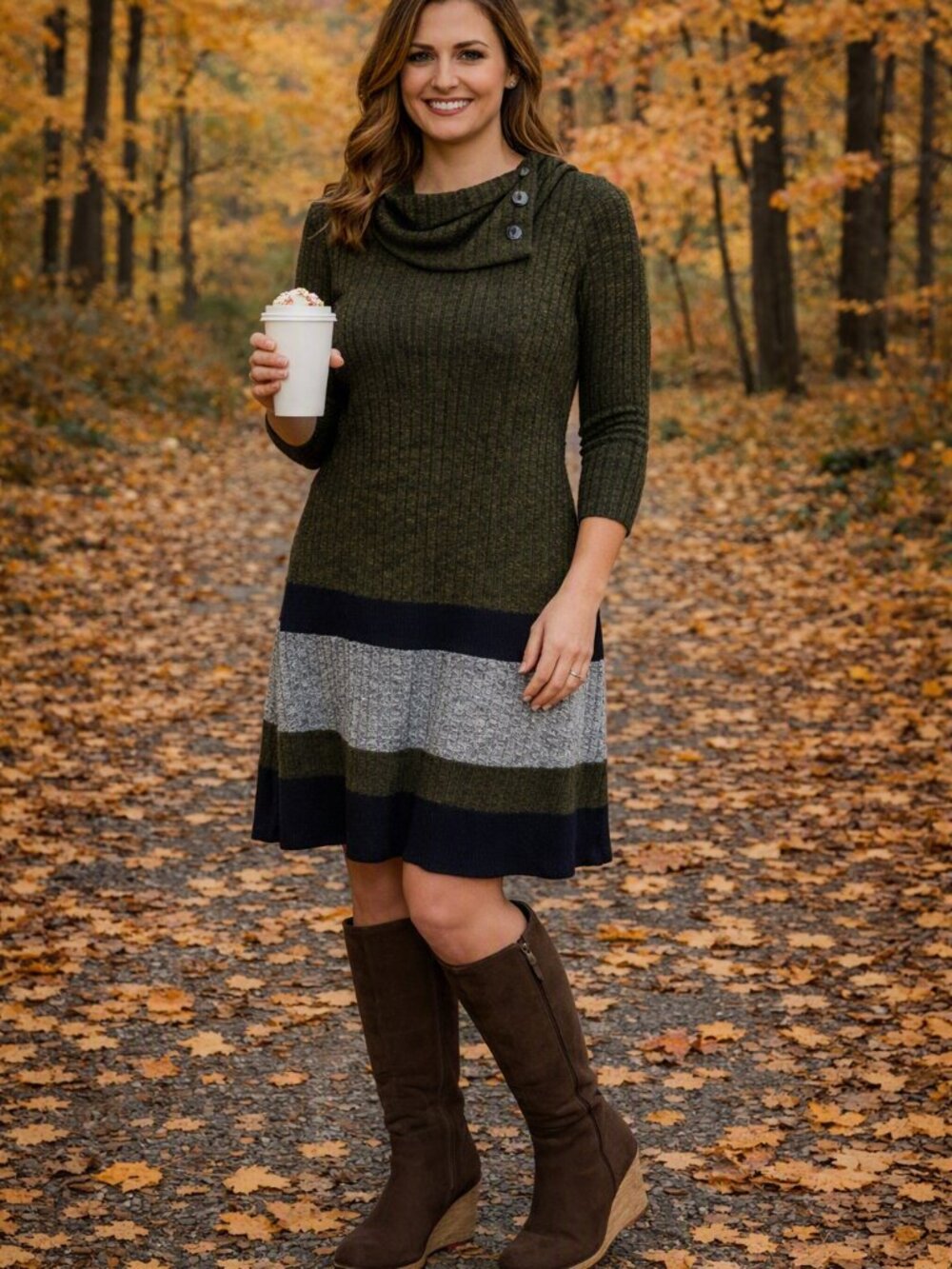 Forest Green Button-Neck Ribbed Sweater Dress -Robbie Bee